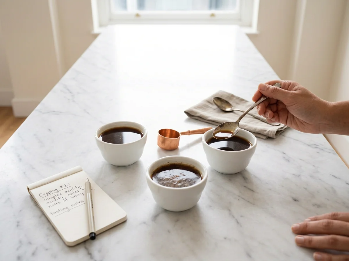 Coffee cupping and tasting setup at Balance Journal