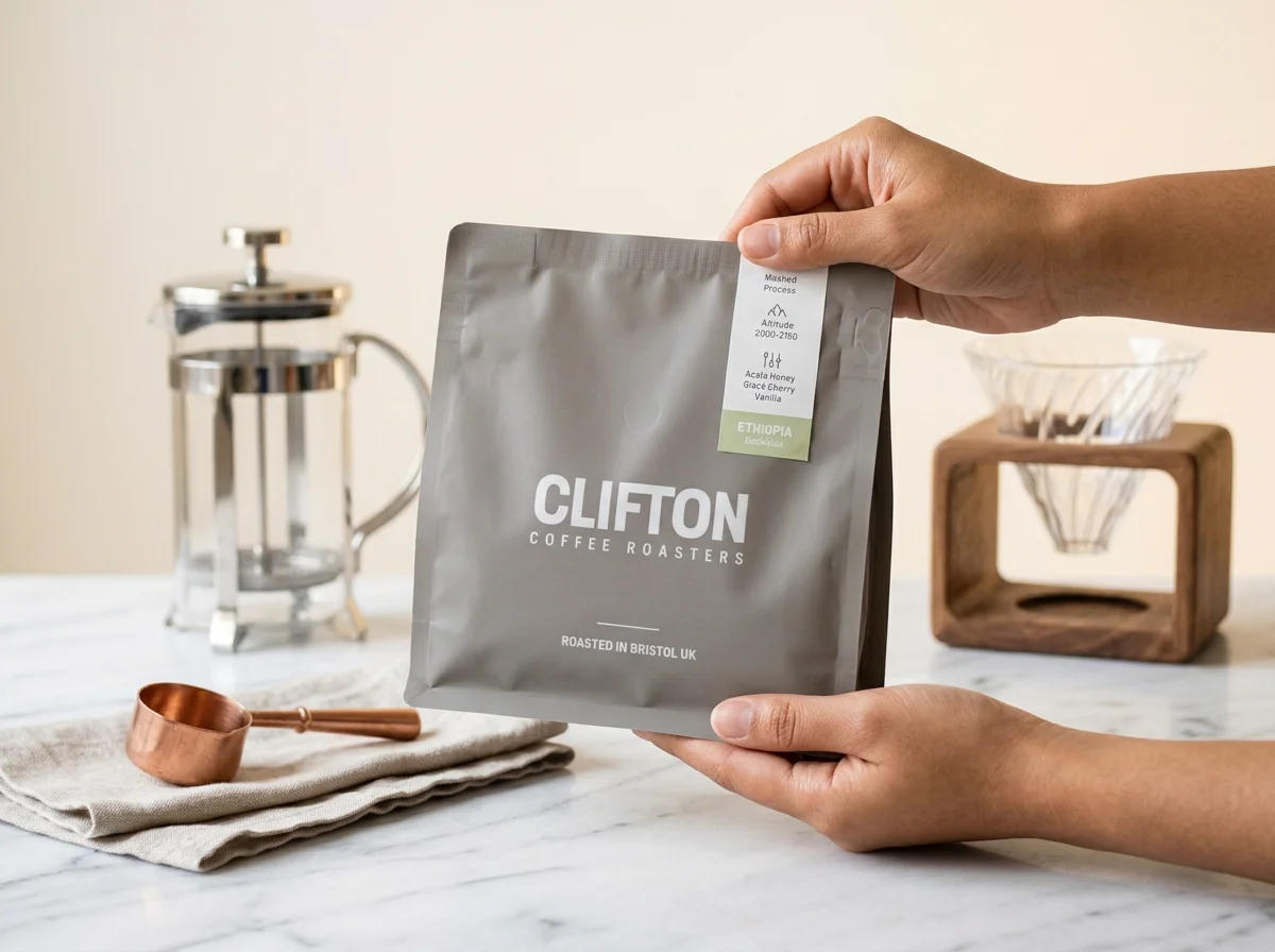 Clifton Coffee Roasters on marble testing surface