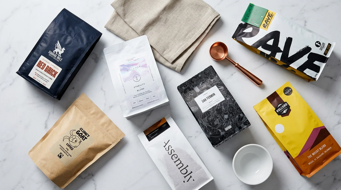 Hero flat lay - all 15 coffee bags arranged on marble testing surface