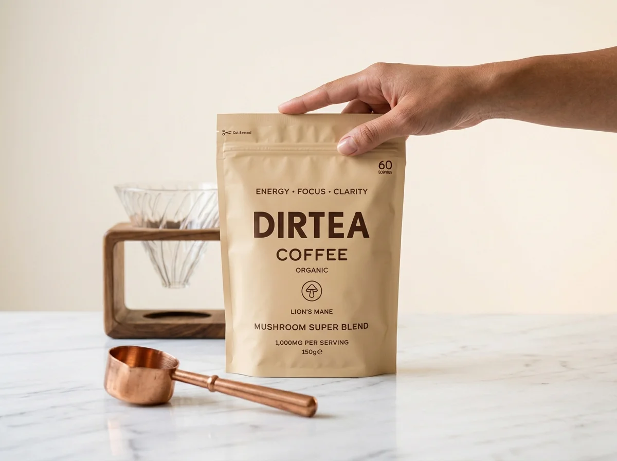 DIRTEA Mushroom Coffee Super Blend packaging on marble surface