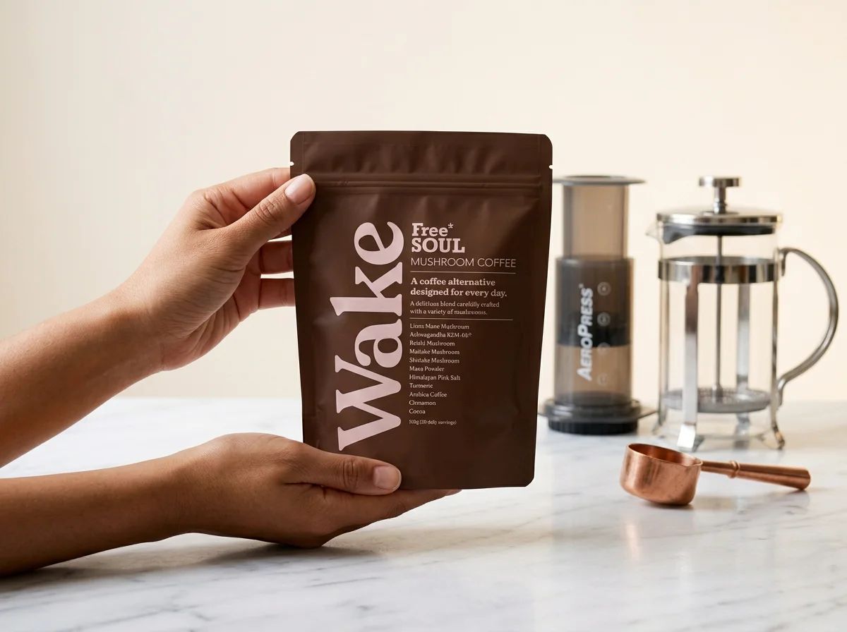 Free Soul Wake pouch with prepared latte, warm lighting, lifestyle setting |
