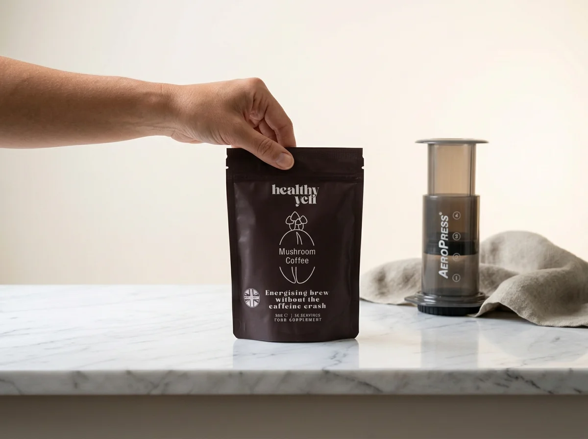 Healthy Yeti mushroom coffee package with measuring scoop and brewed cup |