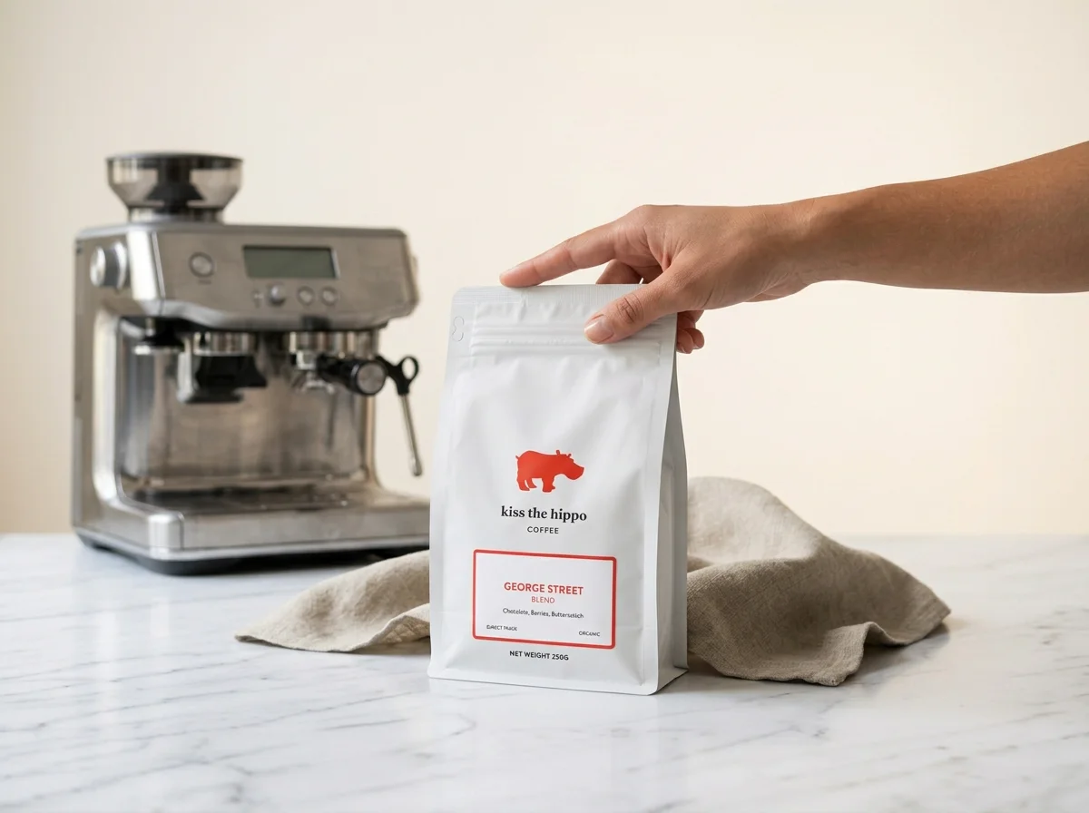 Kiss the Hippo George Street Blend on marble testing surface