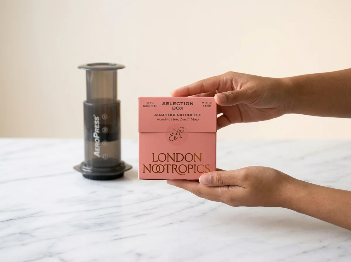 London Nootropics three-sachet lineup (Flow, Mojo, Zen) on wooden surface, cup of prepared coffee alongside |