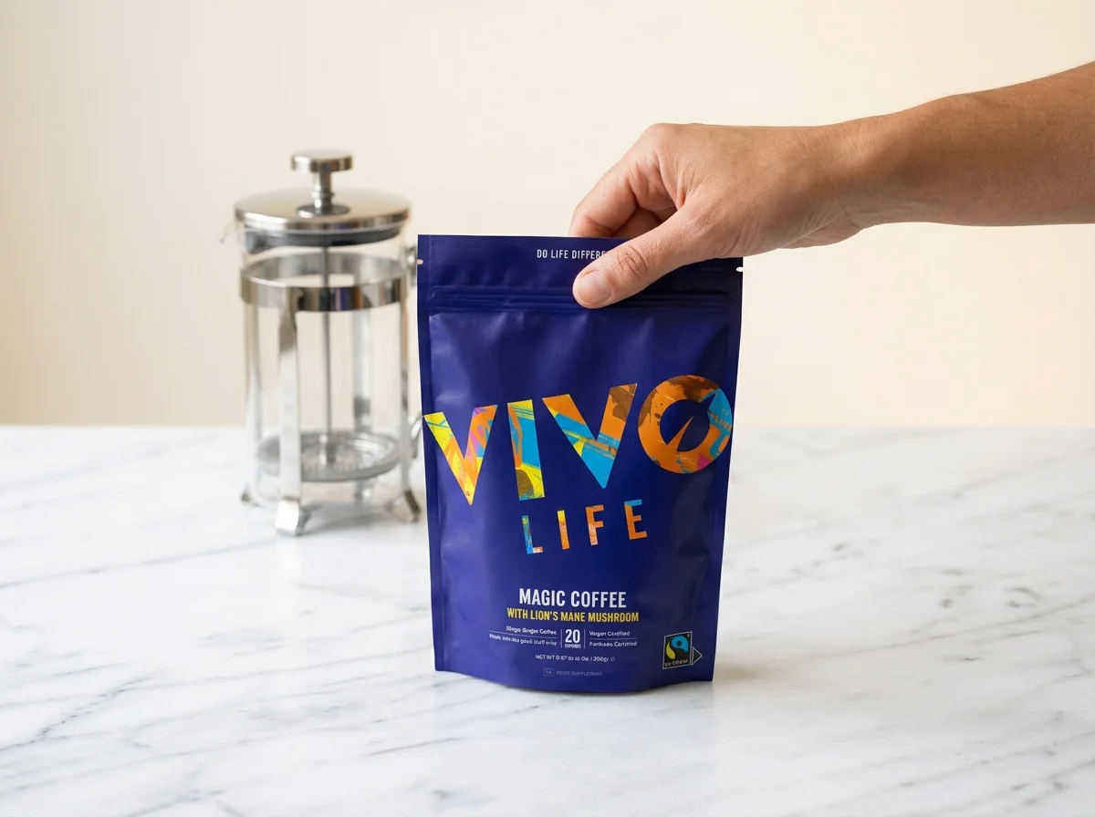 Vivo Life Magic Coffee bag with cafetiere brew in progress, golden-brown liquid visible |